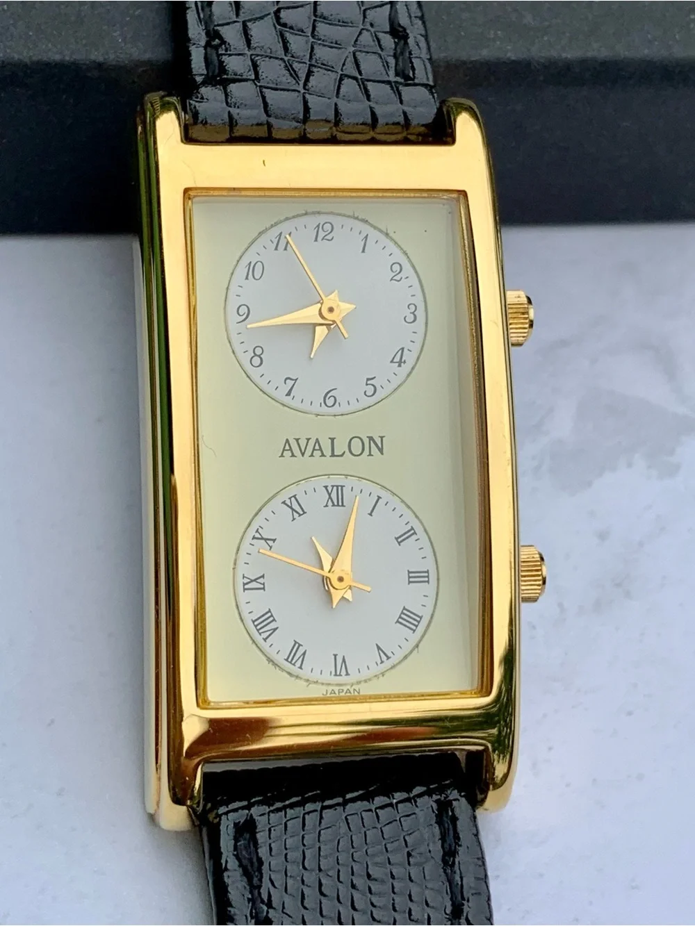 Avalon by Citizen Gold-Tone Rectangular Dual Dial Watch with Black Strap